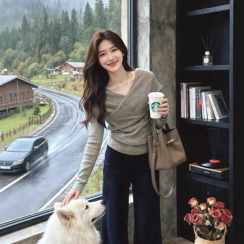 不规则灰色交叉V领针织打底衫女秋冬设计感小众内搭修身短款上衣