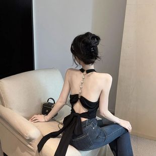 黑色辣妹镂空露背镶钻设计吊带背心女纯欲带胸垫无袖修身绑带上衣