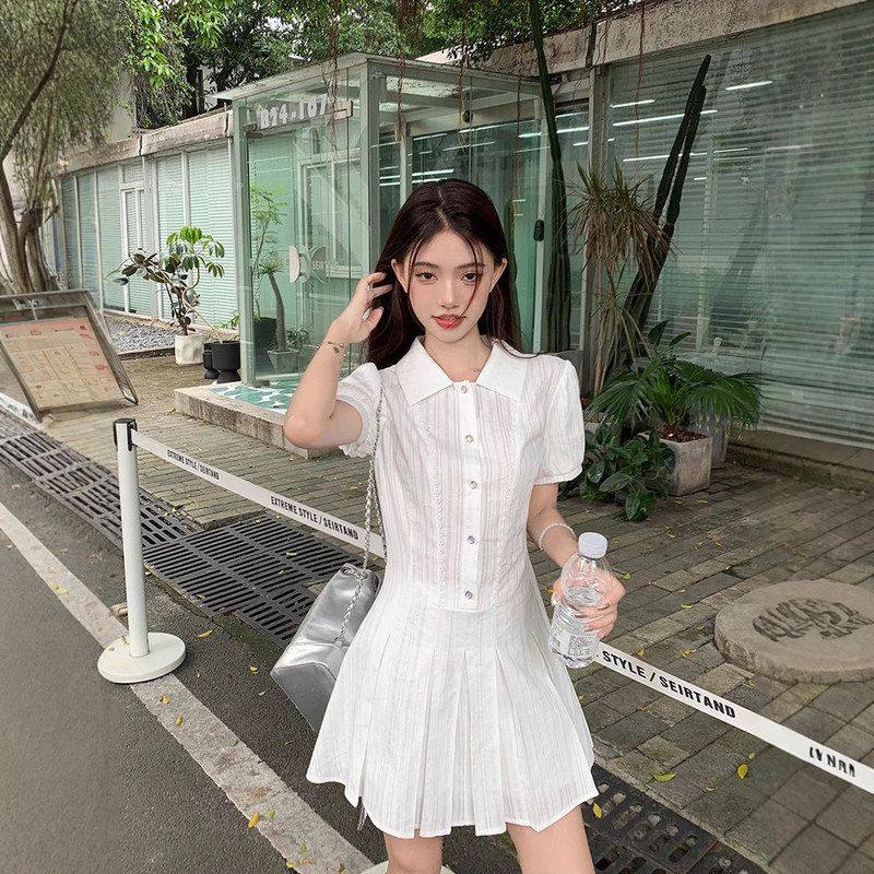 学院风白色衬衫连衣裙子女装2025新款夏季小个子百褶短裙套装穿搭