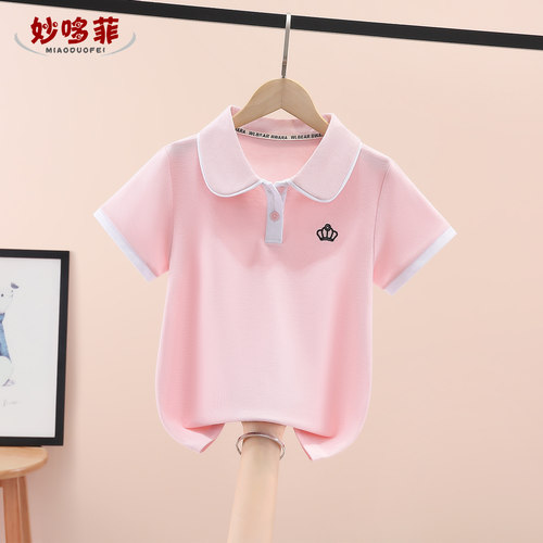 女童短袖T恤夏装2026新款儿童运动Polo衫女孩中大童薄款粉色上衣