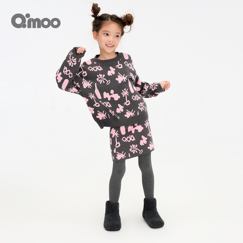 Qimoo女童冬季印花圆领套头毛衣