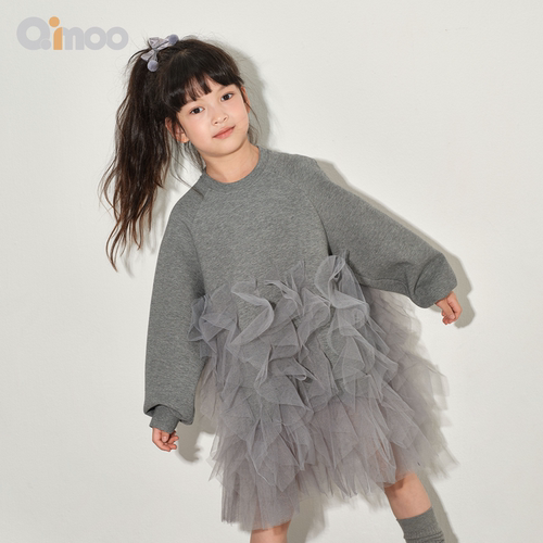 Qimoo淇木26春季新款童装女童拼接网纱柔软时髦百搭卫衣连衣裙
