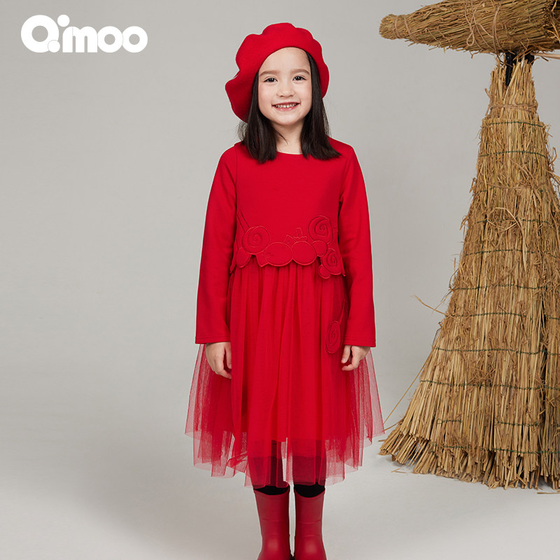 Qimoo/淇木25春季新款童装女童太空棉拼纱绣花连衣裙QSS1LC112A