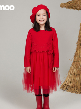 Qimoo/淇木25春季新款童装女童太空棉拼纱绣花连衣裙QSS1LC112A
