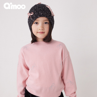 童装 新款 女童软糯亲肤烫钻蝴蝶结毛衣QCL4TP351C 淇木冬季 Qimoo