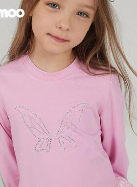 Qimoo/淇木25春季新款童装女童烫钻蝴蝶蕾丝拼接上衣QSS1TP314C