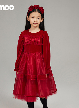 Qimoo/淇木25春季新款童装女童丝绒蝴蝶结公主连衣裙QSS1LP139A