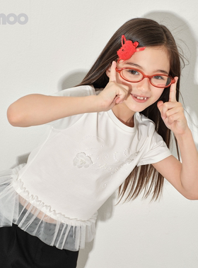 Qinoo26春季新款女童装立体花朵网纱烫钻甜美短袖T恤QWM1TC411D