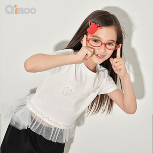 立体花朵网纱烫钻甜美短袖 女童装 T恤QWM1TC411D 新款 Qinoo26春季