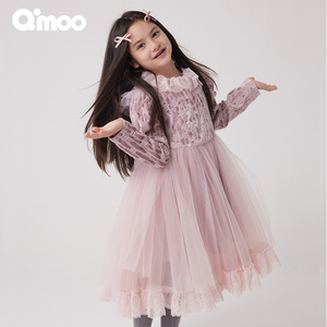 Qimoo/淇木冬季新款童装女童蕾丝网纱梦幻长袖连衣裙QCL4LP146A