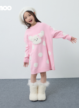 Qimoo淇木25冬季新款童装女童波点小熊玩偶长袖连衣裙QSS4LP143A