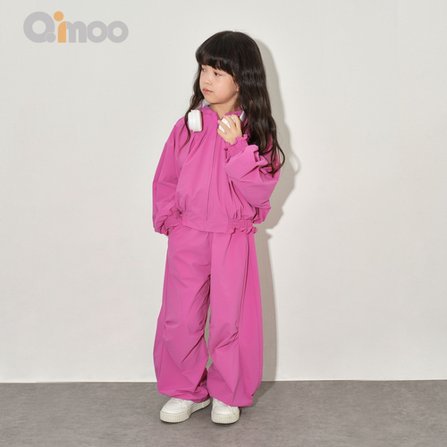 Qimoo淇木26春季新款童装女童舒适甜美荷叶边防风外套长裤子套装