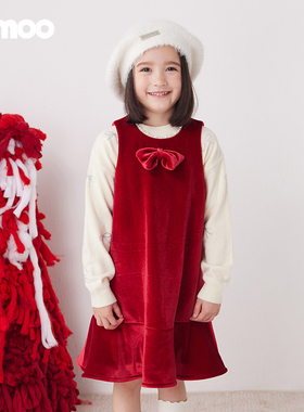 Qimoo/淇木冬季新款童装女童丝绒荷叶边蝴蝶结连衣裙QCL4LP331C