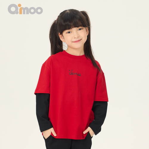 Qimoo淇木26春季男女童装新年系列纯棉长袖上衣红色T恤QWM1TC809P