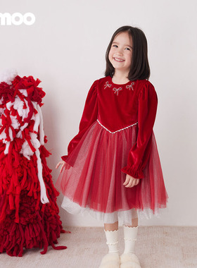 Qimoo/淇木冬季新款童装女童丝绒蝴蝶结网纱连衣裙QCL4LP326C