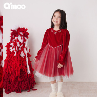 童装 新款 女童丝绒蝴蝶结网纱连衣裙QCL4LP326C 淇木冬季 Qimoo