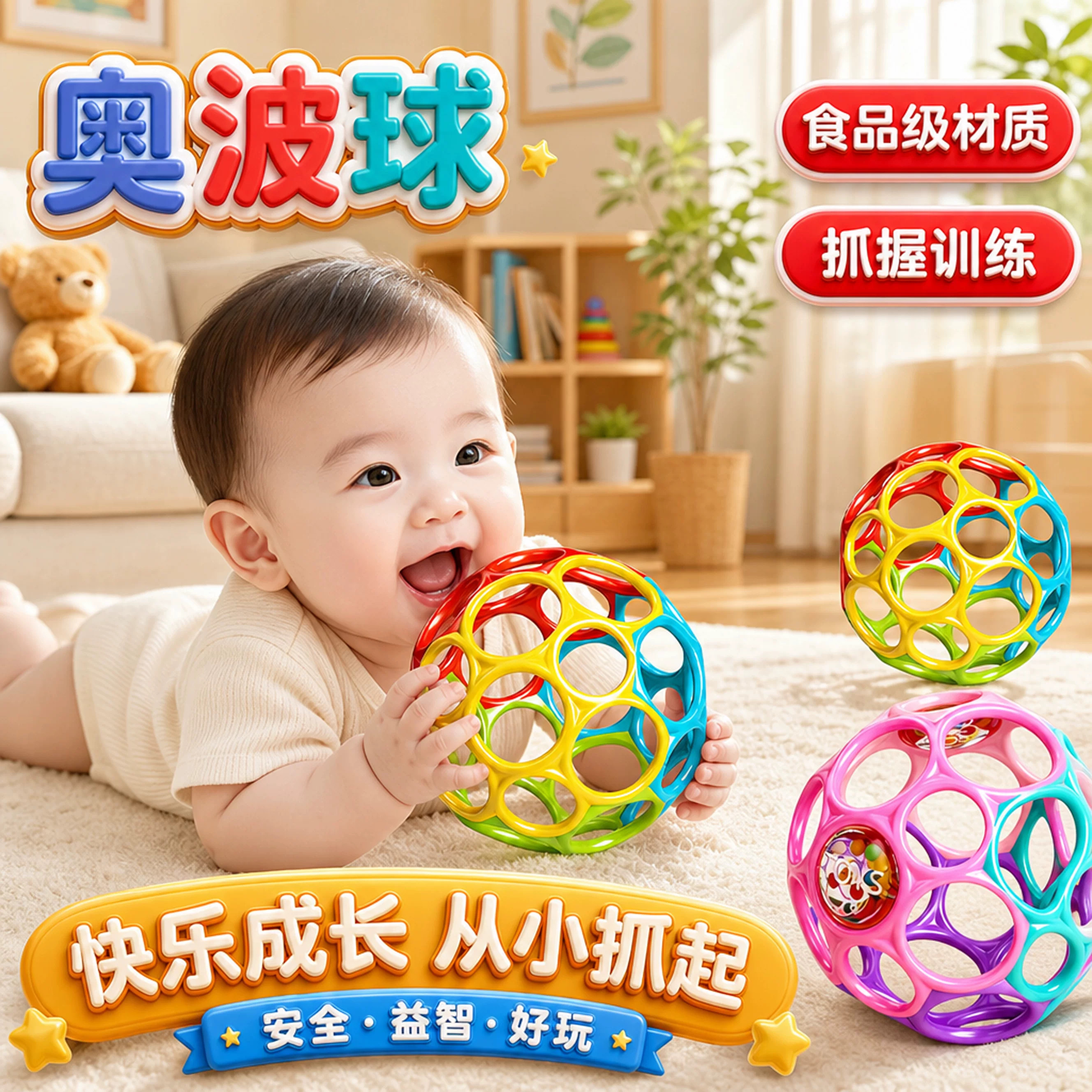 奥波球婴儿曼哈顿手抓球宝宝抚触觉抓握感统训练可啃咬扣洞洞玩具