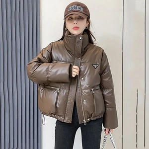 短款PU皮羽绒棉服女冬季2024年新款美拉德棉衣宽松时尚棉袄外套潮