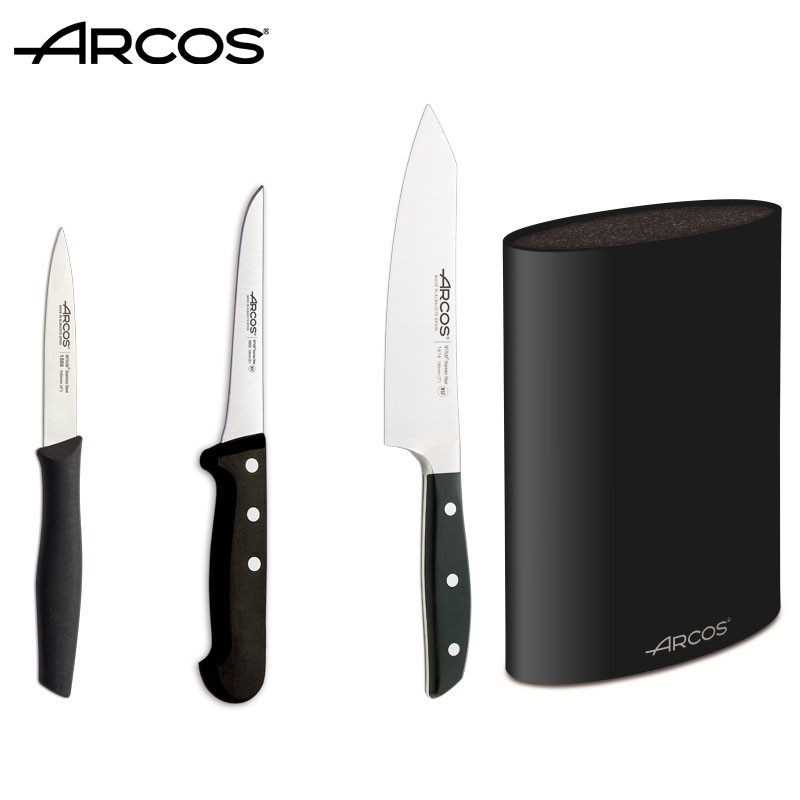 ARCOS西班牙原装进口三件套厨师刀三德刀剔骨刀小手刀带圆形刀架
