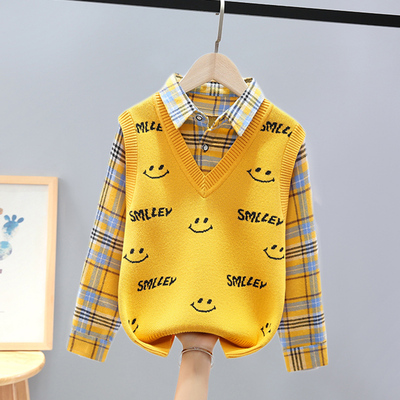 男童毛衣假两件加绒加厚秋冬款中大童针织衫儿童男孩学生线衣12岁