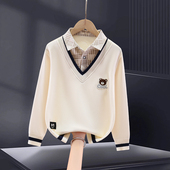 男童卫衣假两件秋冬款 中大童加绒加厚儿童男孩学院风保暖 2025新款