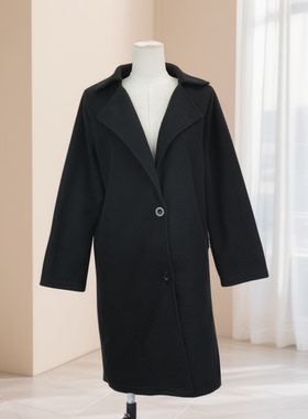 春秋新款极简风黑色大衣女中长款翻领单排扣百搭外套41805