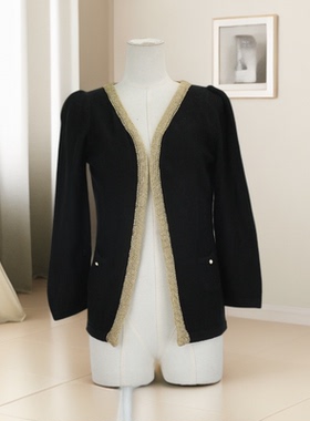 春秋新款女纯色镶边长袖v领针织开衫修身遮肉显瘦个性百搭40626