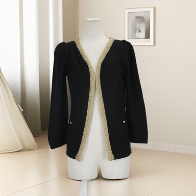 春秋女V领镶边针织开衫显瘦百搭