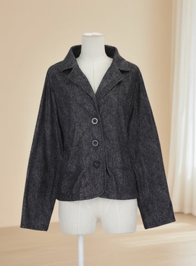 复古简约风灰色短款西装外套女翻领纽扣收腰显瘦气质外套41774