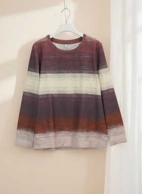 春秋新款女条纹拼色设计长袖圆领针织衫修身遮肉显瘦百搭25861