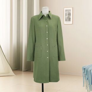 风衣外套43768 复古军绿色拉链口袋显瘦绿色女长款 2026春季 新款