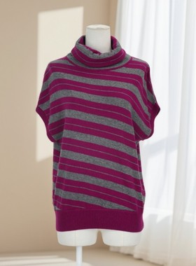 春秋新款慵懒风条纹高领针织衫女短袖宽松减龄显白上衣36393