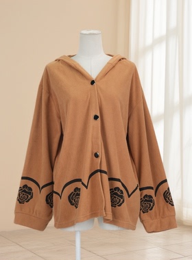 春秋新款时尚连帽开衫女玫瑰花刺绣单排扣慵懒休闲百搭上衣41832
