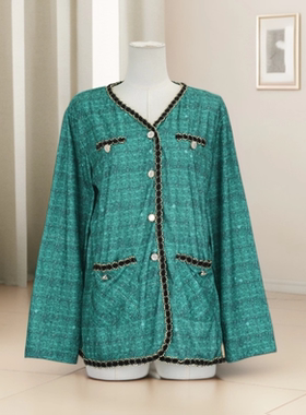 春秋新款小香风短外套女圆领撞色滚边洋气修身减龄上衣41735