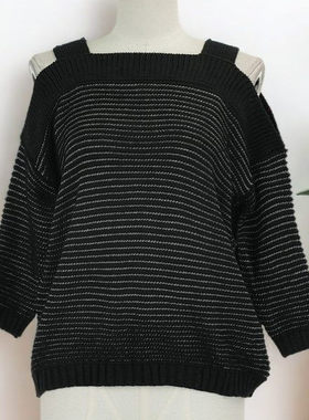 韩版一字秋冬新款欧美时尚宽松撞色条纹针织衫慵懒毛衣35348