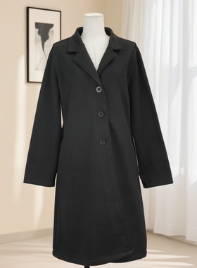 春秋新款极简风西装领三扣中长款黑色风衣女通勤气质外套41895