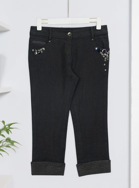 时尚黑色绣花七分裤女休闲直筒裤钻饰装饰舒适百搭裤子36152