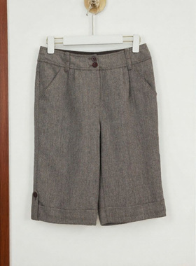 秋冬爆款女纯色裤脚纽扣设计短款高腰休闲裤修身百搭34941