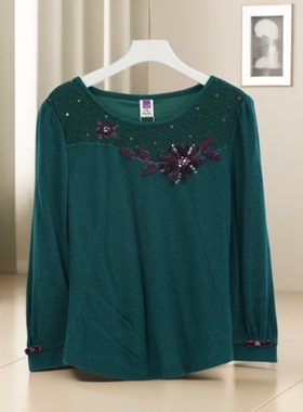 春秋新款绿色长袖T恤女圆领亮片刺绣花朵装饰针织衫绝版经典35075