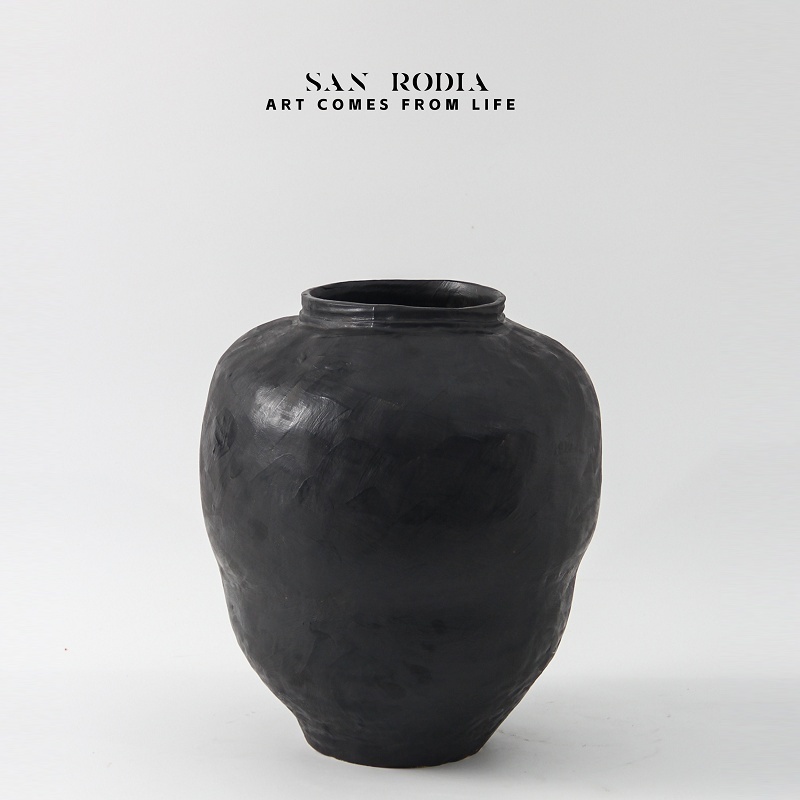 新中式侘寂风怀旧黑色陶瓷大花瓶陶罐样板间民宿茶室桌面插花器