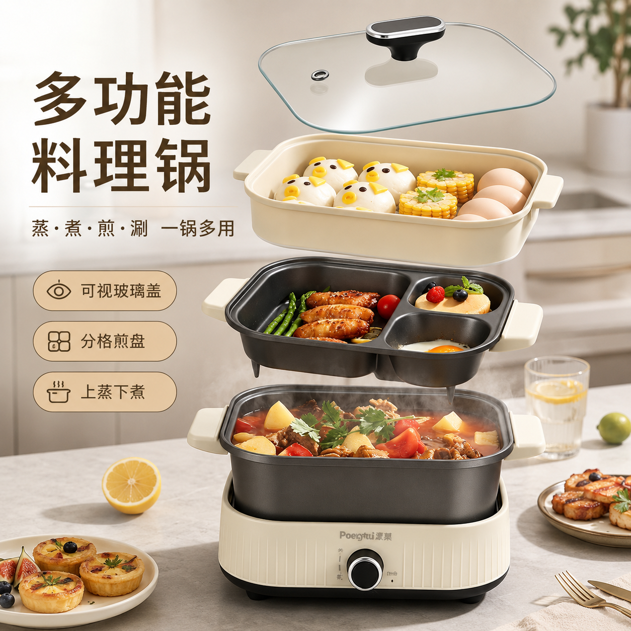 烹泰钛金料理锅多功能家用电煮炒锅分体式三合一早餐锅涮烤一体锅