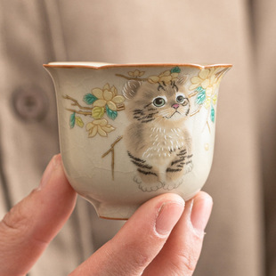 厂家汝窑萌猫茶杯单杯待客茶盏品茗杯陶瓷功夫茶具开片可养主人
