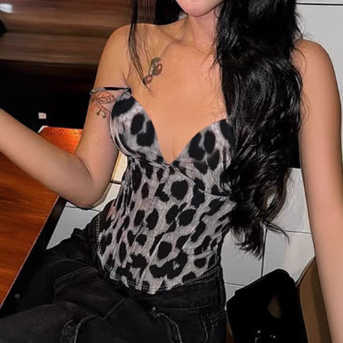 亚马逊外贸女装批发性感辣妹豹纹印花撞色分割鱼骨束腰吊带小背心