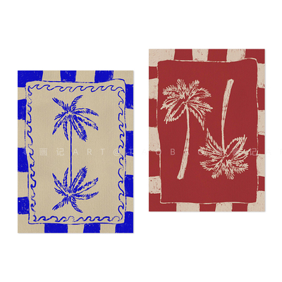 中古法式红与蓝棕榈树装饰挂画替换内芯海报未装裱空相框画芯布纸