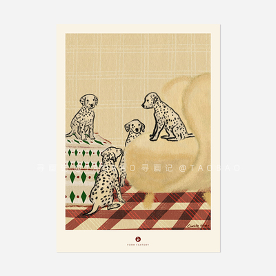 斑点狗的聚会派对红色格子卡通艺术装饰画海报画心中古法式原木风