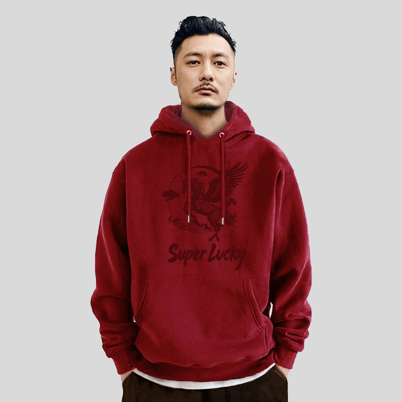 马年本命年酒红加绒连帽卫衣男