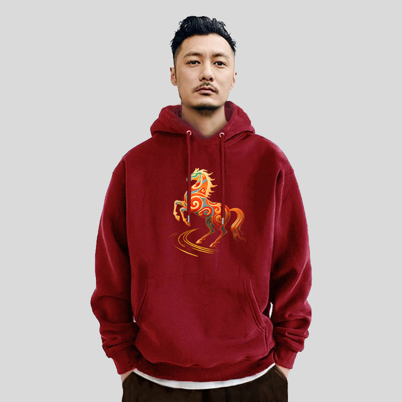 国潮马年本命年酒红色男士卫衣