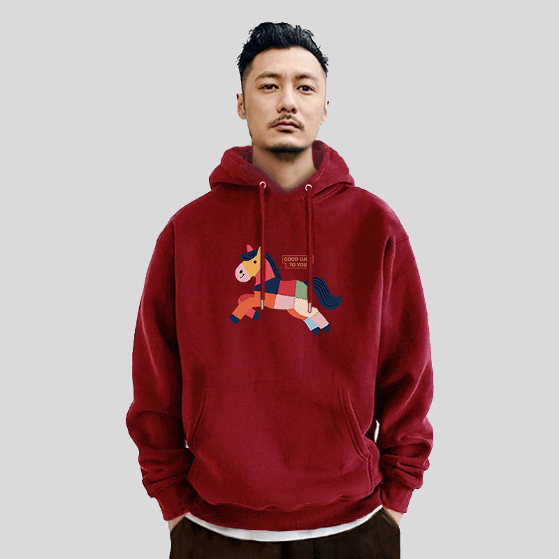 冬季加绒加厚男士本命年酒红卫衣