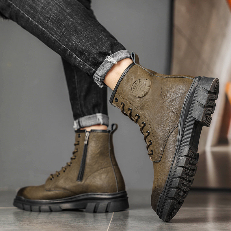 马丁靴男款高筒夏季透气2025新款中筒休闲 工作服靴增高真皮男士
