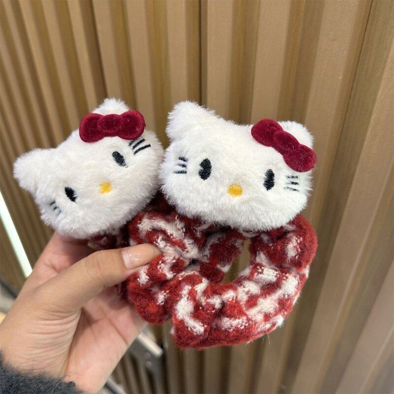KT猫大肠发圈春节红格子新年猫咪头绳马尾发绳冬季毛绒HelloKitty